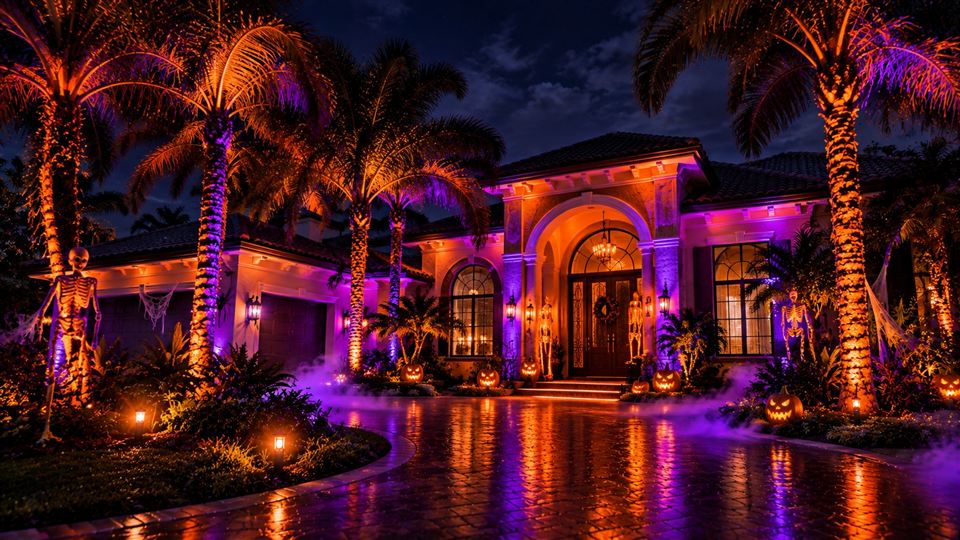 Florida home glowing orange and purple for Halloween, with lit palm trunks, skeleton decorations and jack-o'-lanterns